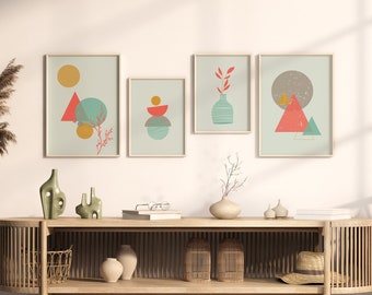 Ensemble de 4 affiches boho abstraites, art imprimable rose et bleu, déco murale abstraite minimaliste, poster formes géométriques