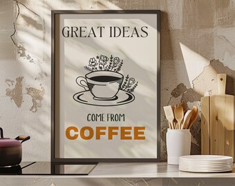 Affiche café du petit déjeuner rétro, art imprimable tasse à café, déco cuisine bar à café, citation humour café, déco tendance coin repas