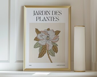 Affiche jardin des plantes, art botanique rétro tons neutres, impression murale fleur minimaliste, art imprimable floral rétro