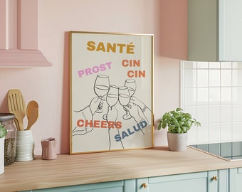Affiche cuisine Cin Cin, Cheers, Salud, Art imprimable apéritif, Déco murale bar café, poster bistrot tendance, affiche trinquer entre amis