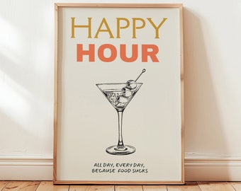 Affiche happy hour cocktails de bar, affiche cuisine humour, art imprimable fan de cocktails, poster bistrot, art mural cuisine tendance