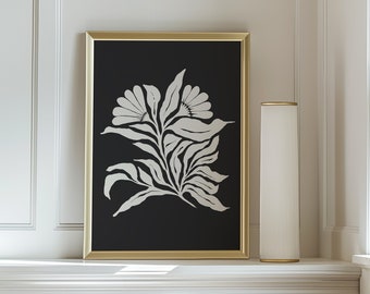 Impression botanique minimaliste noire et beige, art imprimable salon bohème, déco murale fleurs abstraites, art mural du milieu siècle