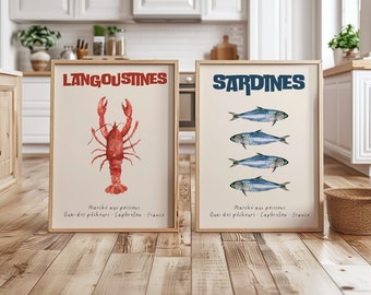 Set de 2 affiches marché aux poissons rétro, art imprimable cuisine et crustacés, illustration sardines aquarelle, affiche langoustines