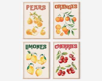 Set de 4 affiches fruits rétro, art imprimable cuisine, déco murale fruits coin repas, cadeau pour gourmands, ensemble d'affiches de cuisine