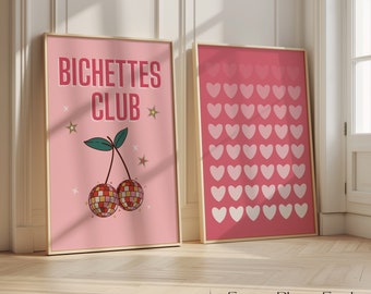 Bichettes Club, Duo d'affiches club de filles, art imprimable rose bonbon, déco murale soirée de filles, poster boule à facettes, déco girly