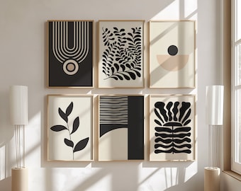 Ensemble de 6 impressions botanique abstrait beige et noir, galerie murale bohème, lot d'art imprimable bohème neutre, art imprimable