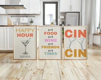 Ensemble de 3 affiches happy hour, Art imprimable apéritif, déco murale chariot de bar, posters bistrot tendance, affiche cin cin,
