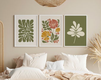 Ensemble de 3 impressions d'art mural botanique abstrait, art imprimable vert sauge, déco murale Cottagecore, art mural bohème fleuri