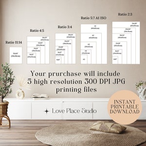 May include: A digital illustration of different print sizes for a printable wall art design. The image shows the different sizes in inches and centimetres. The text "Your purchase will include 5 high resolution 300 DPI JPG printing files" is displayed below the image. The text "Love Place Studio" is displayed below the text. The text "INSTANT PRINTABLE DOWNLOAD" is displayed in a circle below the text.