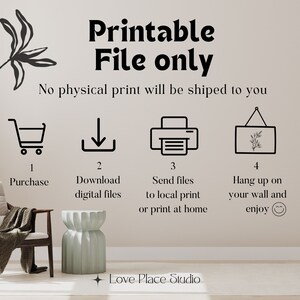 May include: Printable file only. No physical print will be shipped to you. A graphic shows the steps to purchase, download, print, and hang a digital file. The text reads: "Printable File Only. No physical print will be shipped to you. 1. Purchase, 2. Download digital files, 3. Send files to local print or print at home, 4. Hang up on your wall and enjoy."