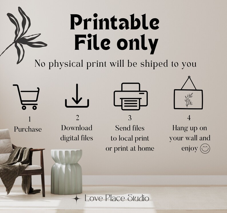 May include: Printable file only. No physical print will be shipped to you. A graphic shows the steps to purchase, download, print, and hang a digital file. The text reads: "Printable File Only. No physical print will be shipped to you. 1. Purchase, 2. Download digital files, 3. Send files to local print or print at home, 4. Hang up on your wall and enjoy."