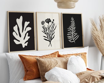 Ensemble de 3 affiches botanique noir et beige, art imprimable floral minimaliste, déco murale Cottagecore,