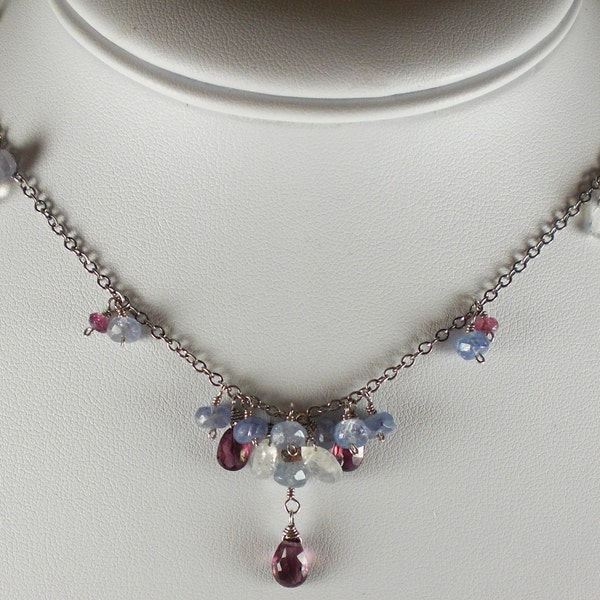 Tanzanite, Moonstone and Pink Rhodolite Garnet briolette Necklace. Sterling Silver