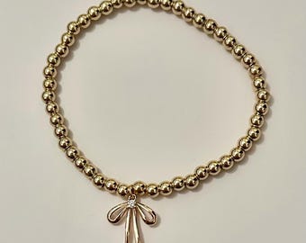 14k Gold Beaded Bow Bracelet - Coquette Charm, Girly Gift