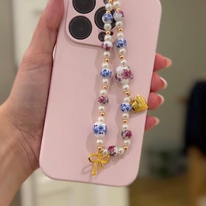 14k Gold Plated Beaded Phone Charm Strap: Elegant Floral Bow