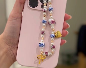 Beaded Phone Strap Bow Charm Floral Blue Pink Coquette Aesthetic Heart Locket Lanyard Wristlet  Girlie Cute Cheap Girlfriend Gift Accessory