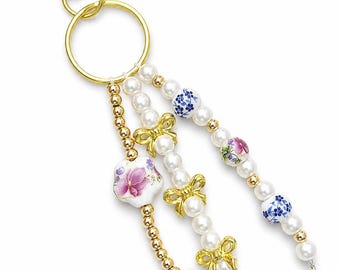 Beaded Bow Keychain: 14k Gold, Floral Porcelain Charms