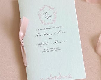 Wedding Program Booklet with Ribbon Elegant Wedding Program Pink Ceremony Program Order of Service Printed Wedding Program with Monogram
