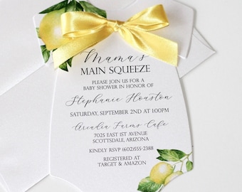 Yellow Baby Shower Invitation Gender Neutral Bow Baby Shower Invitation Personalized Bodysuit Baby Shower Decor Lemon Theme Shower Neutral