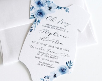 Boy Baby Shower Invitation Blue Floral Shower Invite Personalized Botanical Baby Shower Invite Boho Shower Baby Boy Custom Invitation Baby