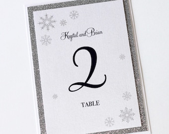 Winter Wedding Table Numbers - Snowflake Table Numbers - Winter Wonderland - Wedding Reception Stationery - Silver Glitter Table Numbers