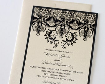 Damask Wedding Invitation Elegant Wedding Invitation - Floral Wedding Invitation - Vintage Invitation Black Ivory - Christina Sample