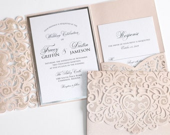 Custom Pink Wedding Invitation set Elegant Lace Laser Cut Invite Handmade Wedding Invitation Rose Gold Silver Personalize Wedding Stationery