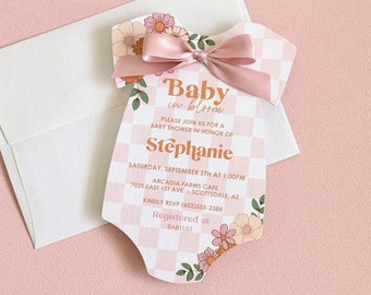 Retro Groovy Baby Shower Invitation Girl Baby Shower Invitation Pink Bow Floral Baby Shower Decor Modern Baby in Bloom 2025 Baby Girl Shower