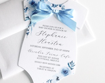 Boy Baby Shower Invitation Blue Floral Shower Invite Bow Baby Shower Invite Personalized Boho Shower Boy Botanical Shower Invitation