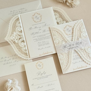 Ivory Lace Wedding Invitation Elegant Gold Wedding Invite Laser cut Handmade Wedding Card Vintage Glam Wedding Invitation Botanical Monogram