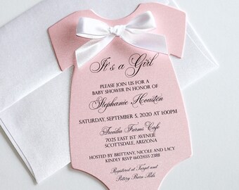 Baby Girl Shower Invitation Light Pink Invitation with Bow Baby Shower Invite Little Lady Invitation Onesie shape Handmade Its a Girl Invite