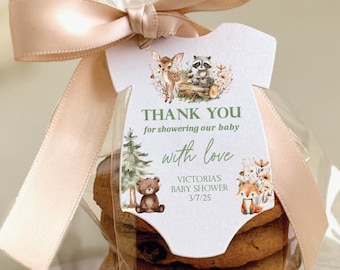 Woodland Baby Shower Favor Tags: Personalized Onesie Design