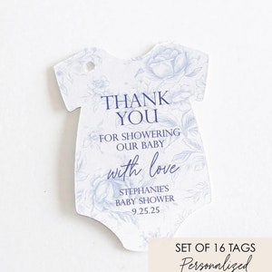 Custom Baby Shower Favor Tag for Boy Blue Toile Floral Baby Shower Thank you Bodysuit Tag Boho Baby Shower Custom Gift Tag Personalized