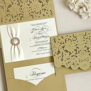 Gold Lace Custom Wedding Invitation Laser Cut Pocket fold Elegant Wedding Invite Ivory & Gold Vintage Glam Wedding Invitation Luxury Couture
