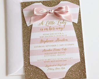 Pink and Gold Baby Girl Shower Invitation Bow Baby Shower Invitation Girl Glitter Shower Invite Little Lady Theme Shower Inspiration