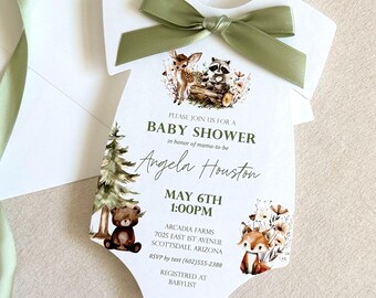 Woodland Baby Shower Invitation: Rustic Forest Animals, Onesie Shape