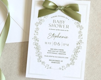 Gender neutral baby shower invitation Sage Green Garden Theme Baby Shower invite Floral baby shower with bow