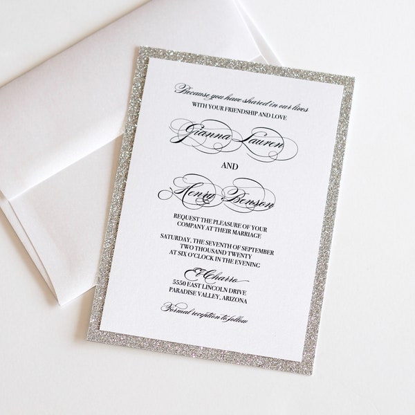 Silver Glitter Wedding Invitation | Modern Wedding | Elegant Wedding Invite | White and Silver Custom Invitation | Printed | GIANNA