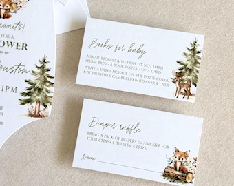 Diaper Raffle cards and Books for Baby cards to match Woodland baby shower invite