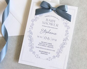 Dusty Blue Baby Shower Invitation Baby in Bloom Shower Invite Baby Boy Floral Invitation arch shape elegant baby shower invite with bow boy