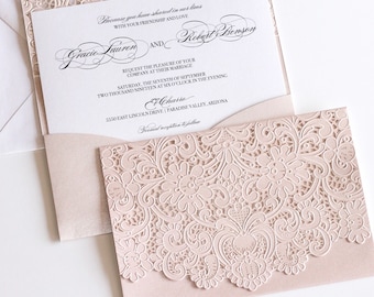 Custom Lace Wedding Invitation Blush Pink Elegant Wedding Invite Vintage Damask Handmade Laser Cut Pocket Romantic Wedding Stationery Set
