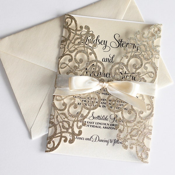 Gold Custom Wedding Invitation Champagne Laser cut folder with Bow Elegant Ivory Personalized Wedding invite Bling Glam Wedding theme
