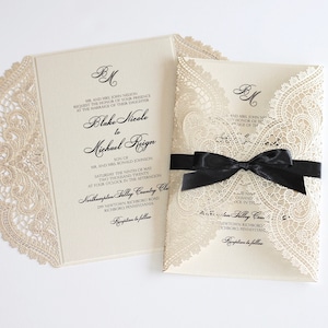 Ivory Lace Wedding Invitation Black tie Formal Wedding Elegant Neutral Wedding Invite Custom Handmade Satin bow Invitation Classic Theme