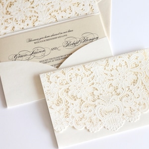 Ivory Lace Wedding Invitation Custom Pocket Invite Vintage Wedding Invitation  Elegant Wedding Invite Damask Creme Wedding Stationery