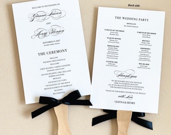 PRINTED Wedding Program Fan Elegant Wedding Ceremony Program Custom Order of Service Bow Wedding Decor Fan Program Black and White Fan