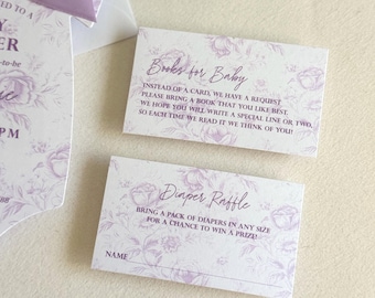 Diaper Raffle cards and Books for Baby cards to match Lilac Toile baby shower invite