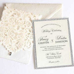 Custom Wedding Invitation Suite Ivory Lace Wedding Invitation Elegant Silver Glitter Wedding Invite Luxury Invitation for Classic Wedding