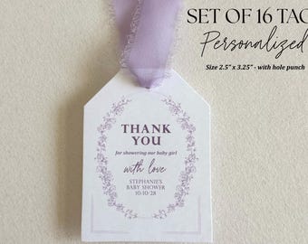 Lilac Baby Shower Favor Tag Girl Baby Shower Thank you Tag Purple Boho Baby Shower Personalized Gift Tag Lavender Shower Tag Garden theme