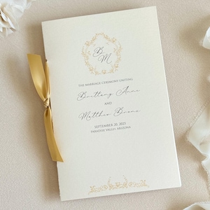 Gold wedding program booklet with ribbon elegant wedding ceremony program with gold monogram order of service printed wedding program book
