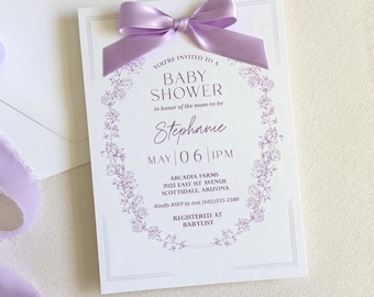 Lavender baby shower invitation girl floral baby shower invite lilac bow baby shower invite for girl garden theme baby in bloom elegant baby